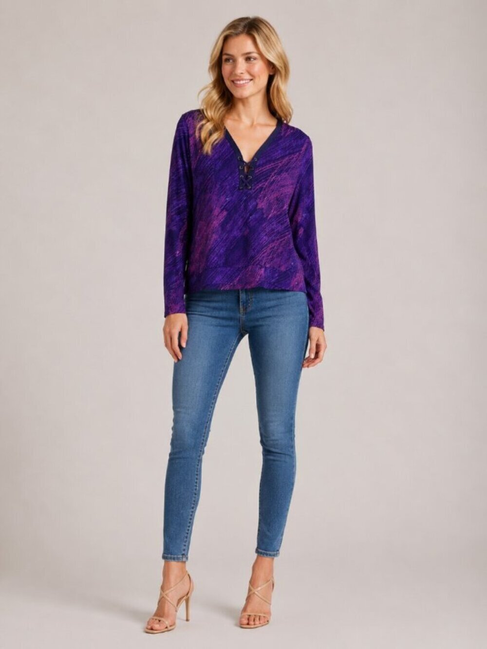 NWT White House Black Market Long Sleeve Lace up Top Abstract Amethyst L